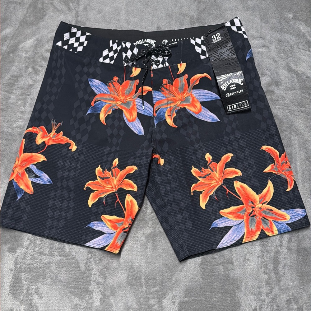 Billabong Airlite Boardshorts Mens 32 Black Floral Checker Swim Trunks Recycler